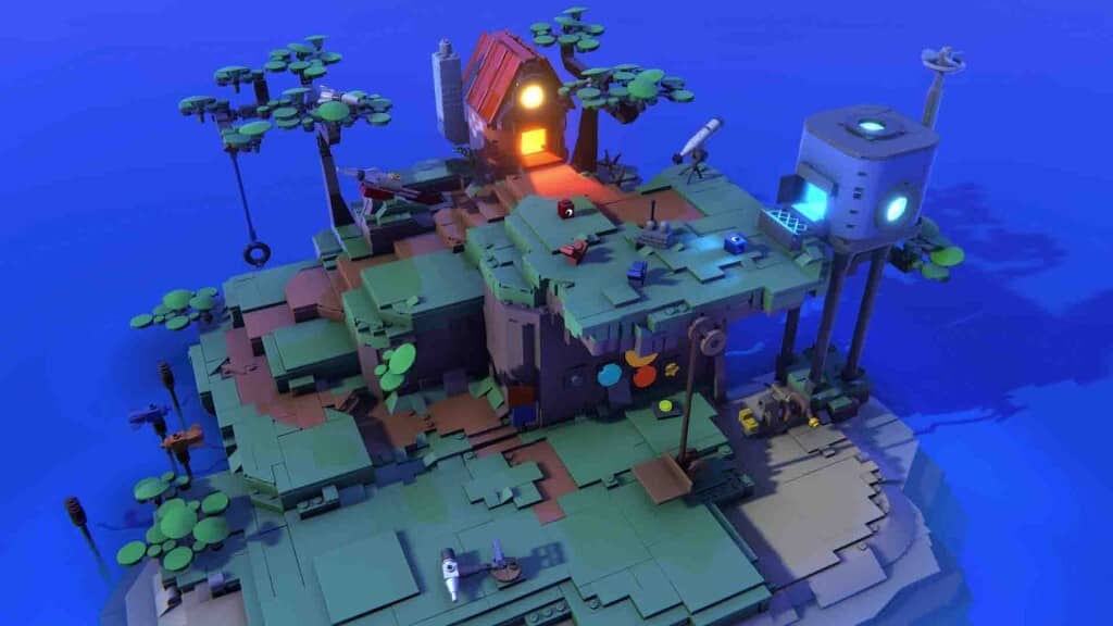 LEGO Voyagers: Bí ẩn các hòn đảo và hành trình xây dựng tình bạn game LEGO Voyagers, hòn đảo nhỏ xây bằng gạch LEGO, có ngôi nhà và kính thiên văn