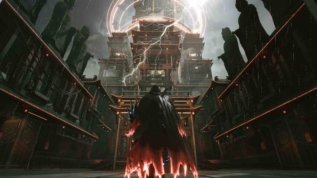 Liuyin's World gameplay, nhân vật đứng giữa lâu đài hùng vĩ, bao quanh bởi những bức tượng khổng lồ và hiệu ứng sấm sét.