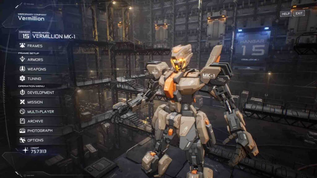  M.A.S.S. Builder - Giao diện tùy chỉnh robot cơ bản, hiển thị menu chính trong hangar.