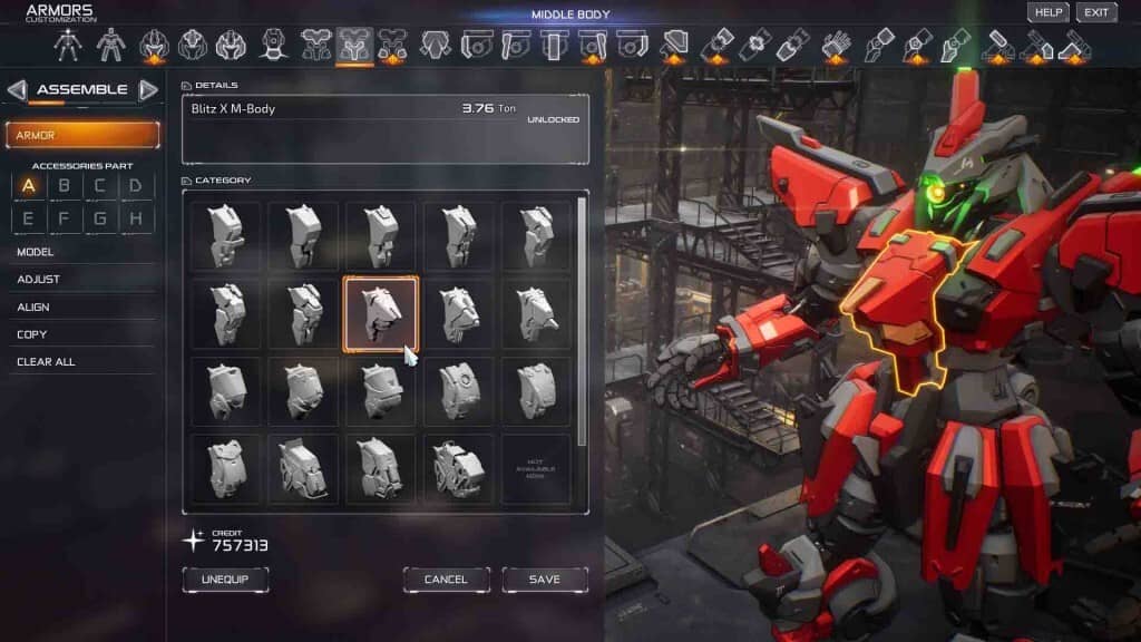 M.A.S.S. Builder - Tùy chỉnh giáp thân trên của robot, lựa chọn nhiều mẫu giáp khác nhau.