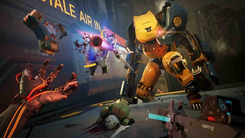 Ảnh gameplay METAL EDEN, một robot khổng lồ màu vàng đang tấn công một đối thủ nhỏ hơn trong một trận chiến hoành tráng.