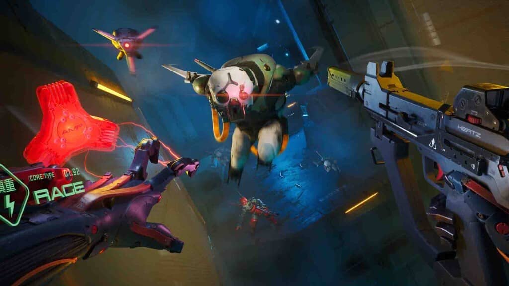 Cảnh gameplay METAL EDEN góc nhìn thứ nhất với nhân vật đang chiến đấu với nhiều robot bay trong không gian tối.
