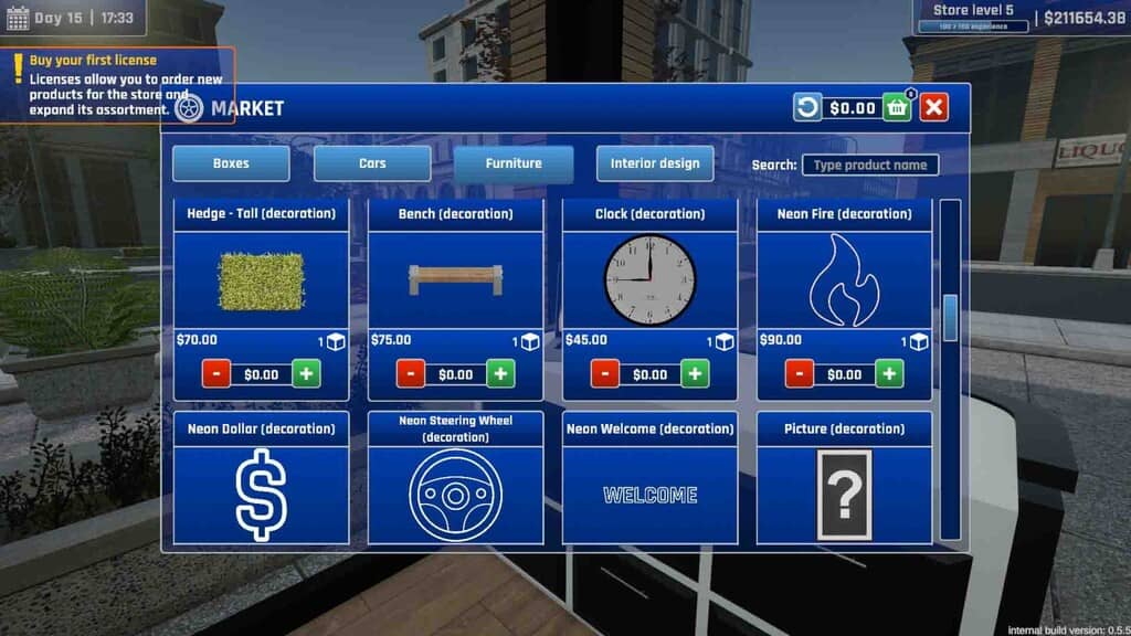 MiniCar Shop Simulator, giao diện mua hàng mới với các mặt hàng trang trí như ghế, đồng hồ và các biển hiệu neon.