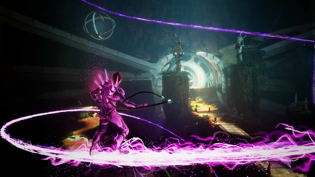 Ảnh gameplay Otherskin với nhân vật sử dụng sức mạnh màu tím trong một khu vực cổ kính