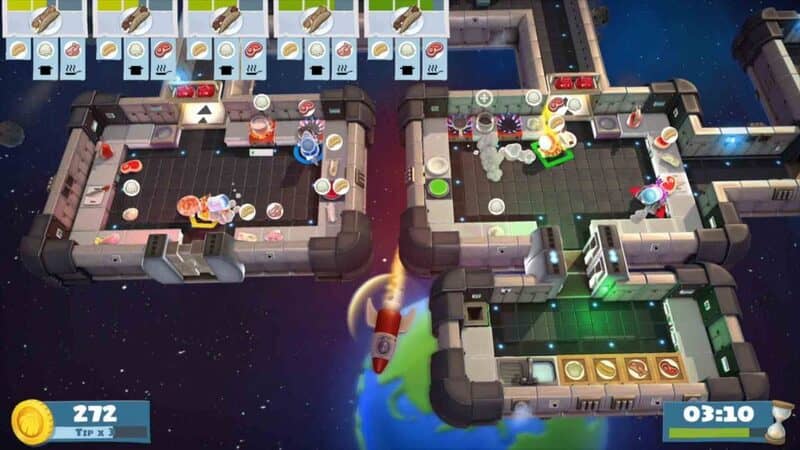  Gameplay Overcooked! All You Can Eat với nhà bếp thiết kế retro.