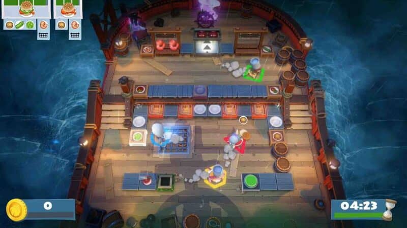 Nhà bếp trên con tàu cướp biển trong game Overcooked! All You Can Eat.