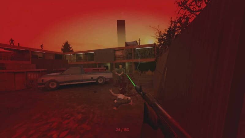 Tiêu diệt kẻ thù trong thế giới rực lửa của game PIGFACE. PIGFACE gameplay, người chơi đang bắn vào kẻ thù trong bối cảnh trời chiều tà với màu đỏ chủ đạo.