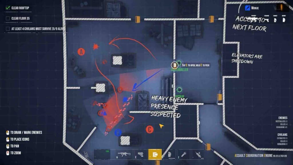 Bản đồ chiến thuật của game Phantom Squad, hiển thị vị trí kẻ thù, lính bắn tỉa và mục tiêu