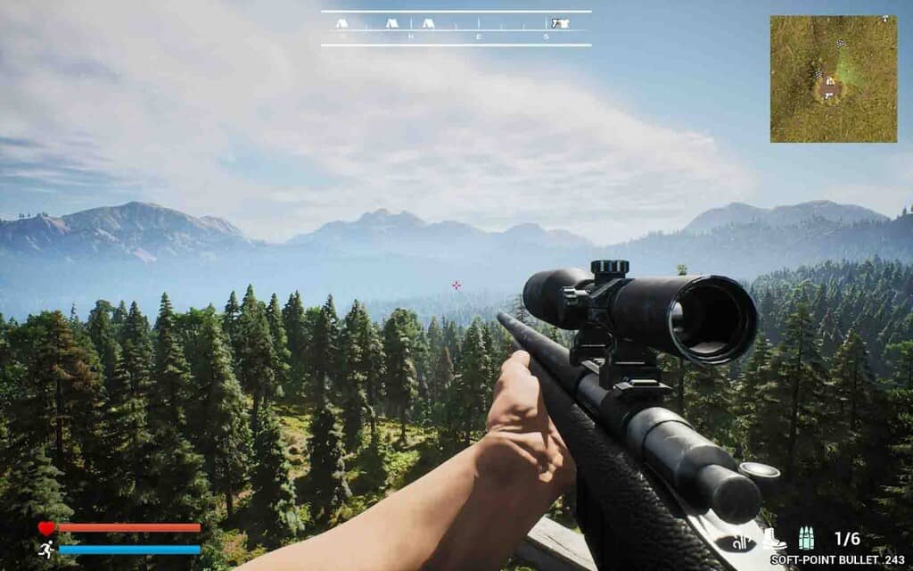 Khám phá thế giới mở rộng lớn trong game săn bắn Project Hunt. Project Hunt, góc nhìn thứ nhất, người chơi cầm súng trường ngắm bắn trên một sườn đồi đầy cây cối.