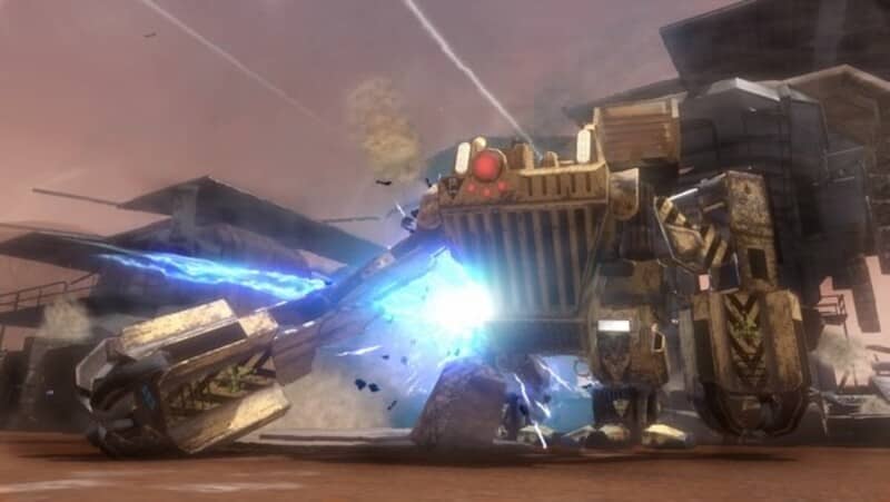 Sức mạnh hủy diệt trong Red Faction Guerrilla - phá tan mọi thứ! Red Faction Guerrilla, một robot chiến đấu khổng lồ đang phá hủy cấu trúc bằng năng lượng xanh.