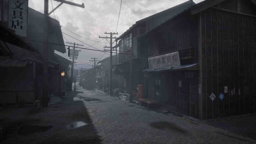 Khám phá bối cảnh Silent Hill f Silent Hill f, con đường làng hoang vắng, mờ ảo trong sương mù.