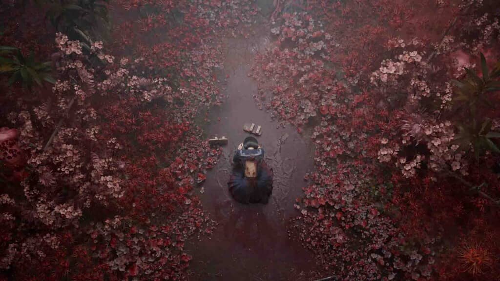 Khung cảnh bí ẩn của Silent Hill f Silent Hill f, nhân vật chính đứng giữa con đường với hoa màu đỏ sẫm.