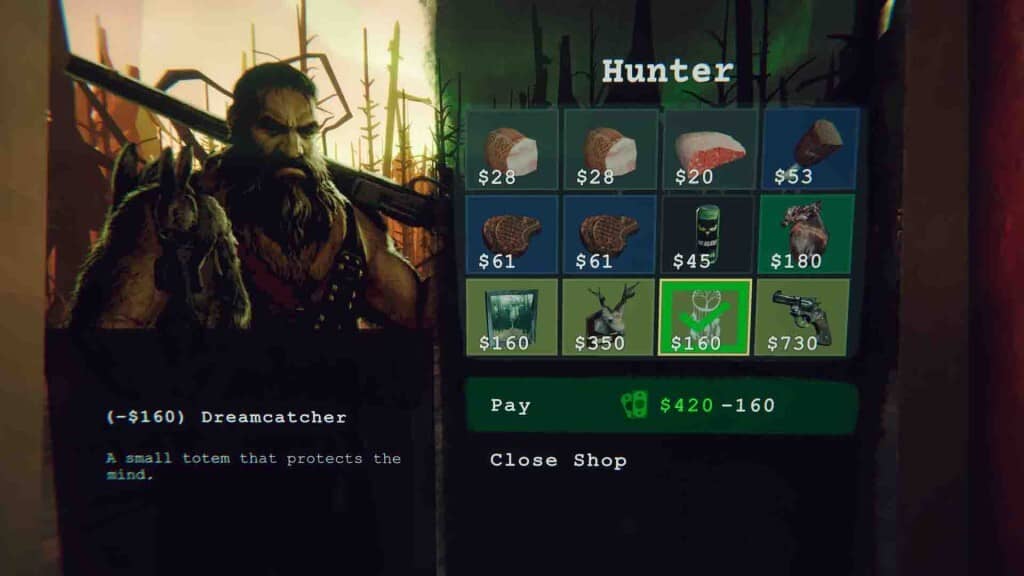 Cửa hàng Hunter trong Static Dread: The Lighthouse: Mua vật phẩm và nâng cấp để chống lại nỗi sợ. Static Dread The Lighthouse: Giao diện cửa hàng Hunter, người chơi mua vật phẩm Dreamcatcher và súng lục.