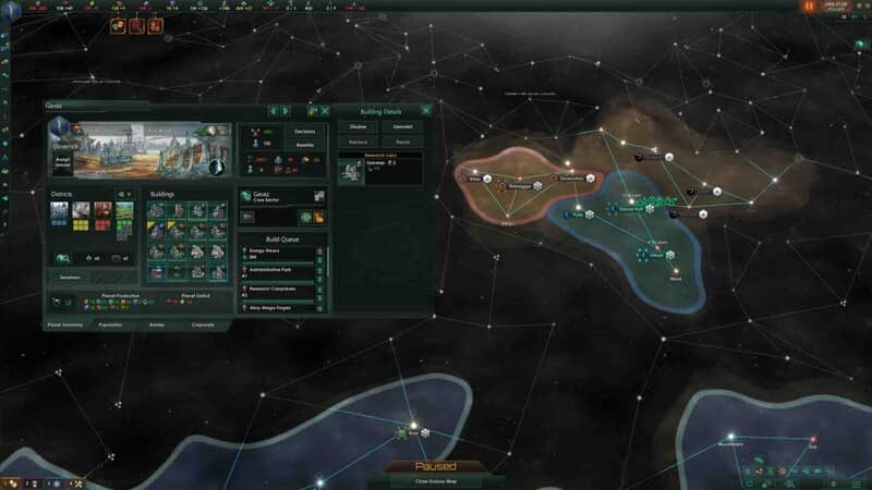 Stellaris, bản đồ thiên hà với hệ thống sao và các tuyến đường thương mại của nhiều đế chế khác nhau.