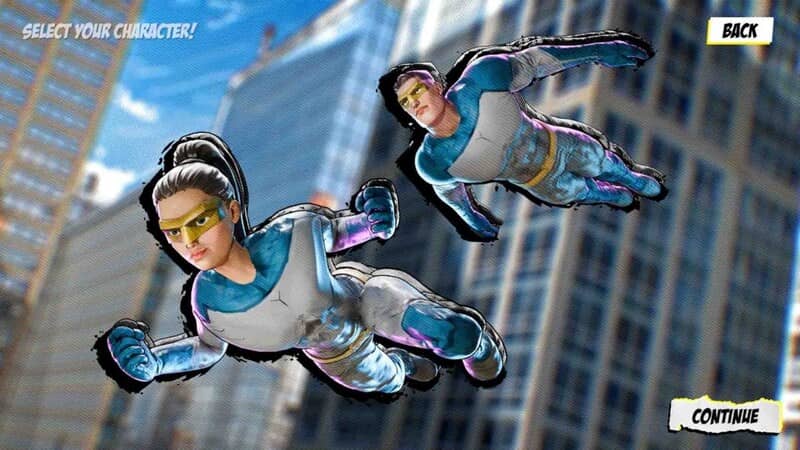 Superhero Simulator: Giao diện lựa chọn nhân vật siêu anh hùng nam và nữ đang bay.
