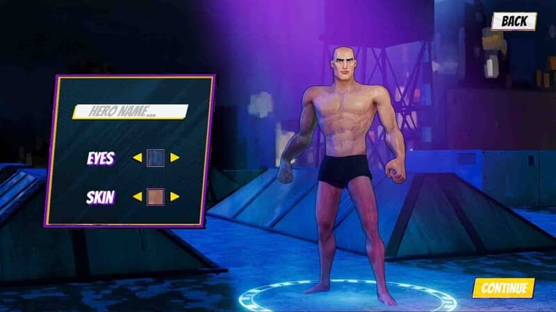 Superhero Simulator: Giao diện tùy chỉnh nhân vật, thay đổi màu da và mắt.