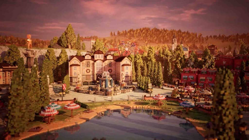 Town to City toàn cảnh thành phố, đồ họa voxel, công viên và sông.