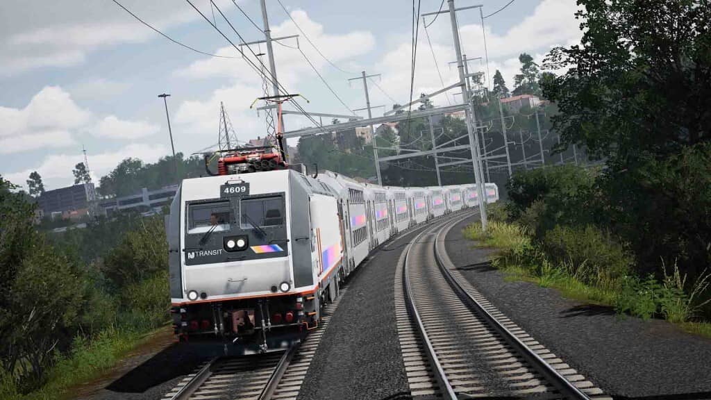Train Sim World 6, tàu điện New Jersey Transit 4609 chạy trên đường ray uốn lượn.