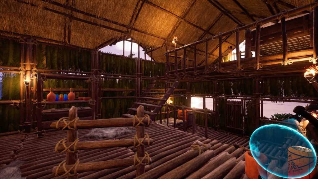 Xây dựng nơi trú ẩn vững chắc trong Under A New Sun để chống lại mọi hiểm nguy. under a new sun gameplay, ngôi nhà sinh tồn kiên cố làm từ gỗ và lá cây.