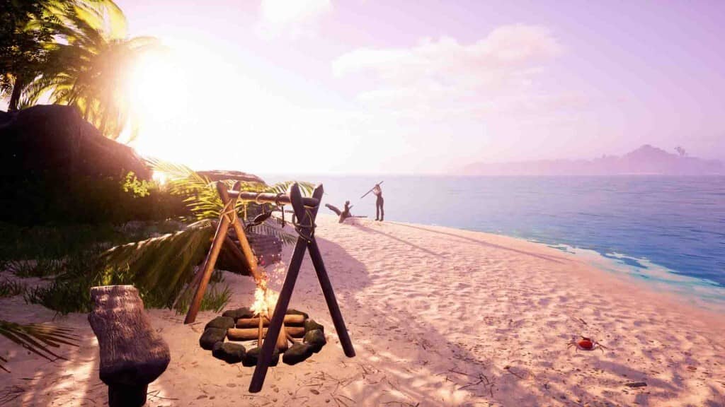 Khám phá thế giới rộng lớn trong Under A New Sun - Chào đón hoàng hôn yên bình. under a new sun game, người chơi cắm trại trên bờ biển.