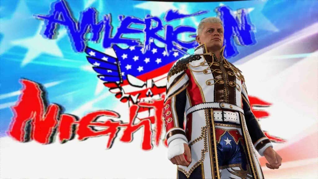 Cody Rhodes trong WWE 2K24 - The American Nightmare trở lại. WWE 2K24, đô vật Cody Rhodes với trang phục lấy cảm hứng từ cờ Mỹ, đứng trước phông nền có chữ "American Nightmare".