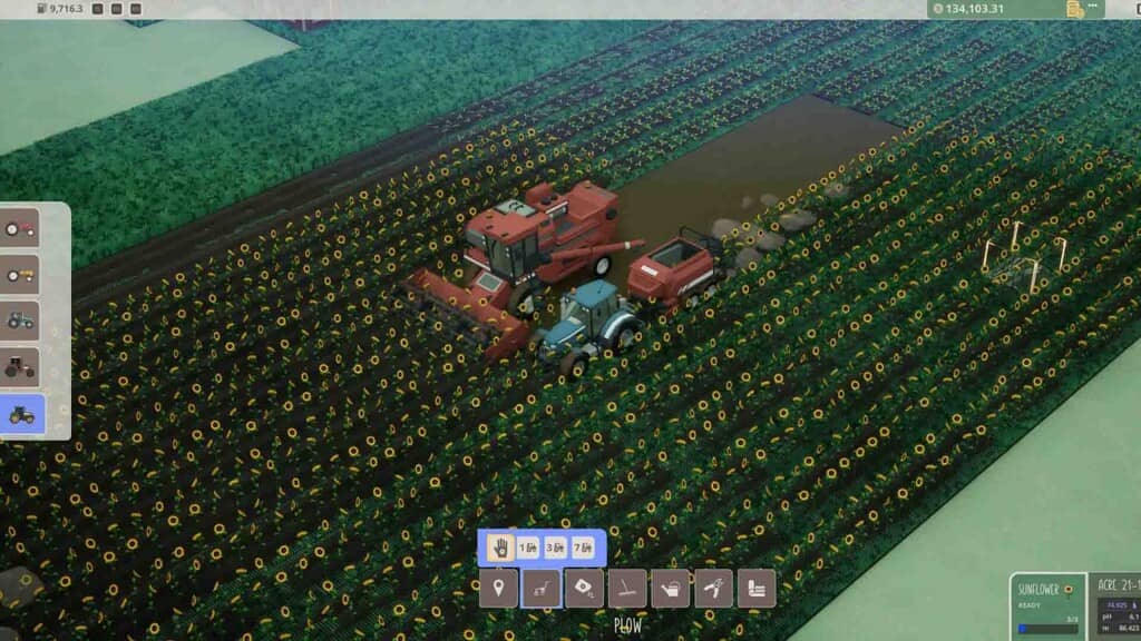 ACRES: Sử dụng máy móc hiện đại để tăng tốc độ thu hoạch và quản lý nông trại. ACRES: Máy kéo và máy gặt đập liên hợp cỡ lớn đang thu hoạch cánh đồng cây trồng, góc nhìn từ trên xuống, quản lý tồn kho.