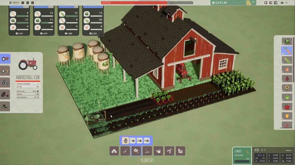 ACRES: Xây dựng và mở rộng nông trại cơ bản với nhà kho và cây trồng đầu tiên. Gameplay ACRES: Góc nhìn từ trên xuống nhà kho màu đỏ, bồn chứa nước, luống cà rốt và cà chua, giao diện xây dựng, quản lý nông trại.
