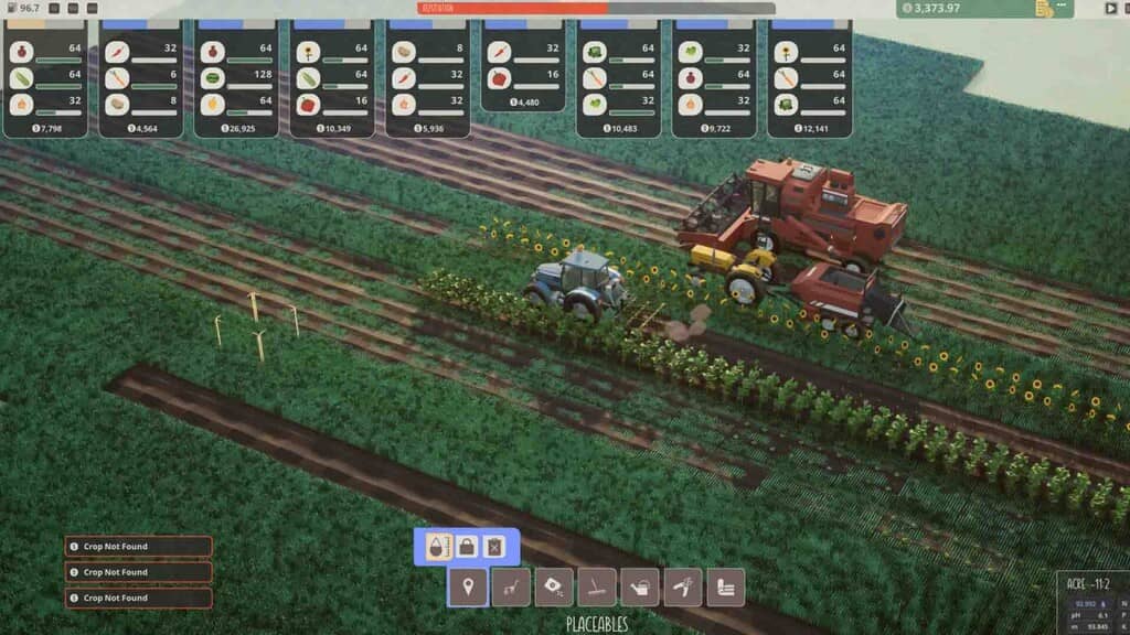 ACRES: Mở rộng cánh đồng hoa hướng dương, quản lý sản xuất nông nghiệp quy mô lớn. Gameplay ACRES: Máy kéo và máy gặt đang làm việc giữa cánh đồng hoa hướng dương khổng lồ, góc nhìn tổng quát, giao diện cày xới.