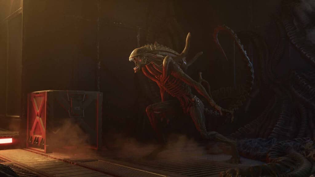 Đối mặt với nỗi sợ hãi tột cùng: Xenomorph trong Alien: Rogue Incursion. Không gian VR rợn tóc gáy! Alien Rogue Incursion: Xenomorph trưởng thành đang chạy rình rập với đuôi dài uốn lượn trong hành lang tàu vũ trụ.