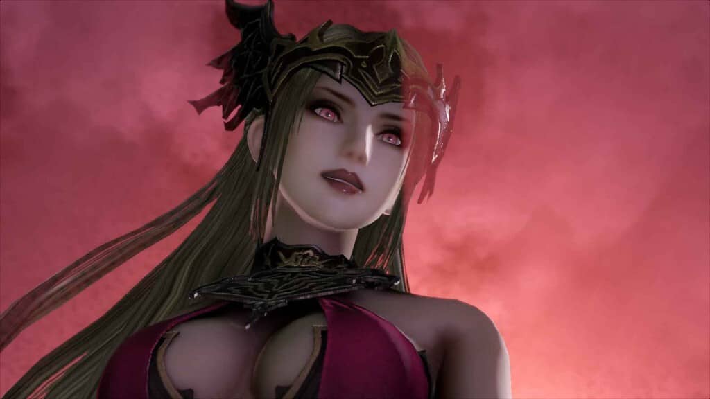 Chân dung nhân vật nữ xinh đẹp quyến rũ trong BLADESTORM Nightmare, mắt đỏ, trang phục đỏ đen và vương miện