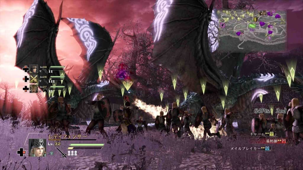 Môi trường gameplay BLADESTORM Nightmare màn đêm, đội quân Lady Fencer đối đầu với quái vật hoặc cấu trúc rồng khổng lồ, hiệu ứng ma thuật