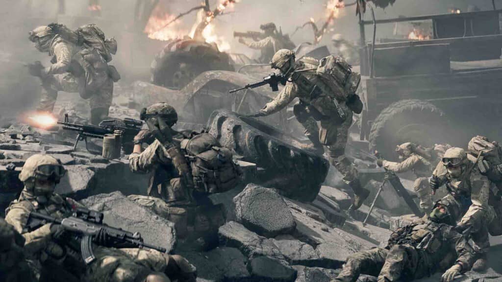 Battlefield 2042: Cảnh chiến tranh tổng lực (All-Out Warfare) giữa đống đổ nát, nhiều binh lính tham chiến, bắn súng ác liệt.