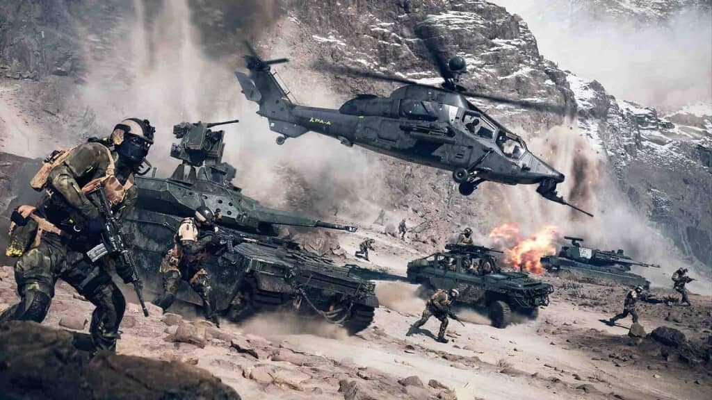 Gameplay Battlefield 2042: Trận chiến với khí tài hạng nặng, trực thăng chiến đấu, xe tăng và lính bộ binh trong môi trường núi tuyết.