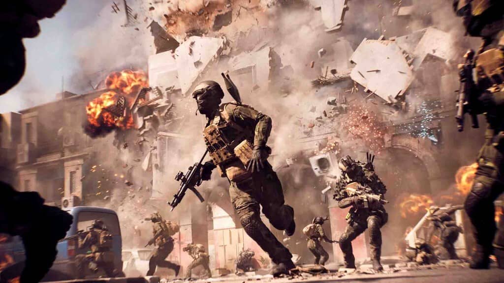 Gameplay Battlefield 2042: Binh lính chạy trốn khỏi vụ nổ và nhà sập trong môi trường đô thị, chiến đấu cường độ cao.