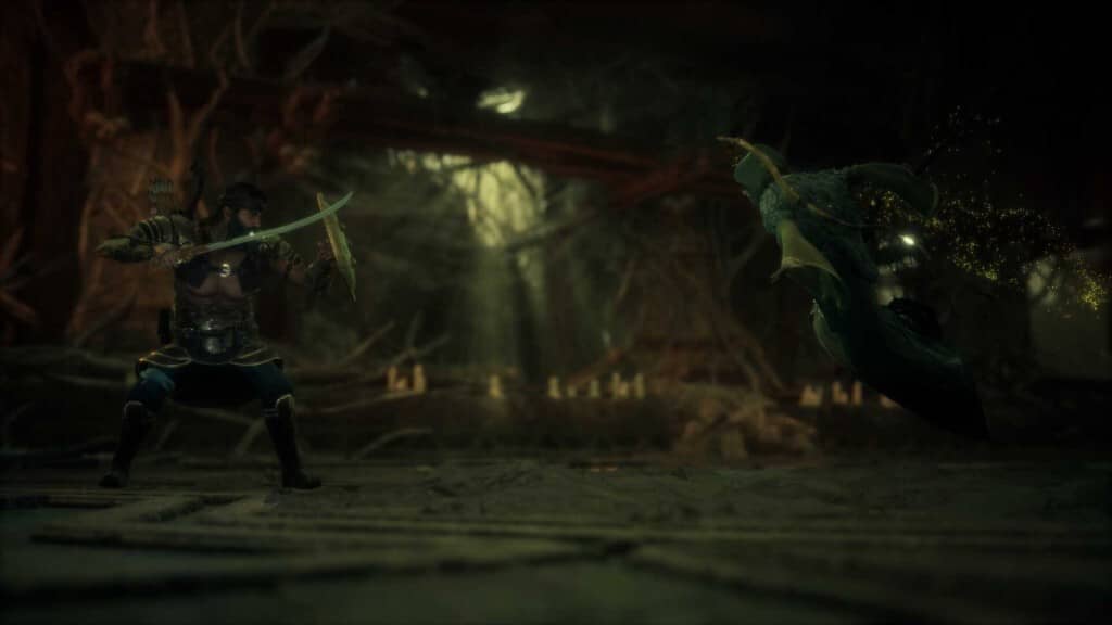 Gameplay cận chiến khốc liệt của Blood of Mehran: Những đường kiếm cong sắc lẹm sẽ quyết định sinh mạng của bạn. Blood of Mehran: Cảnh cận chiến gay cấn trong hầm ngục, nhân vật dùng kiếm cong chống lại kẻ địch cơ bắp.