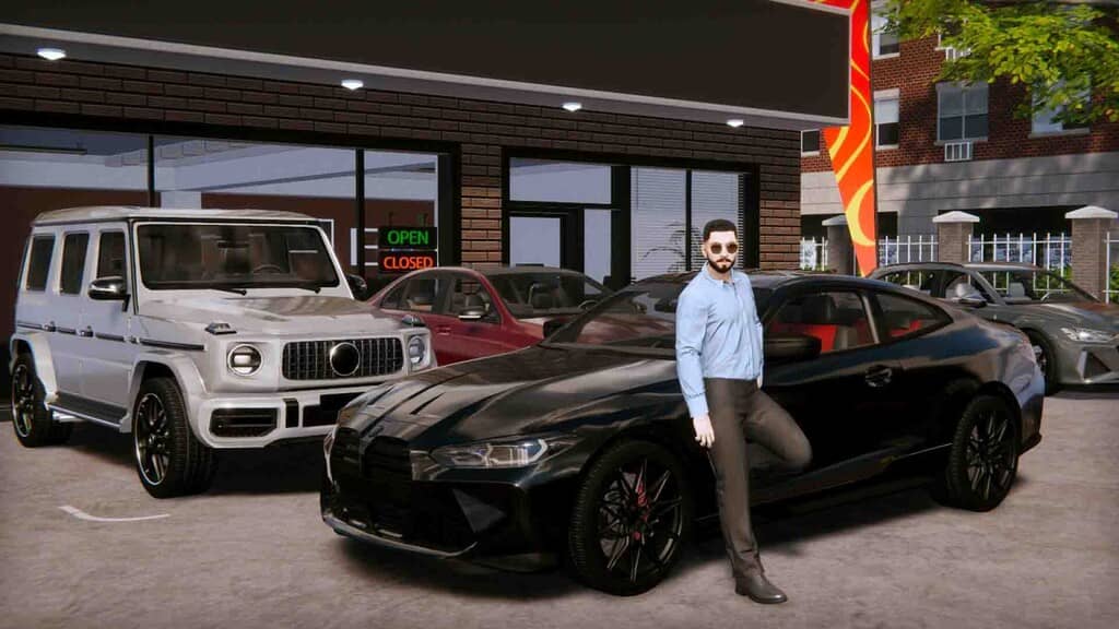  Car Dealership Simulator 2 nhân vật tạo dáng bên xe coupe đen BMW và SUV G-Class trắng