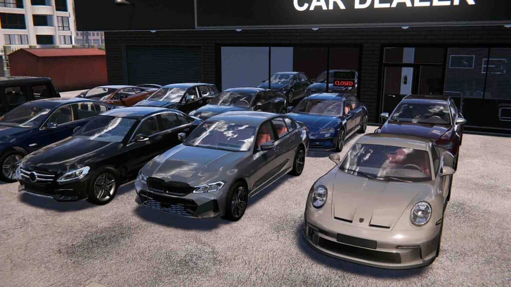  Car Dealership Simulator 2 cận cảnh nhiều xe sang như Porsche, BMW, Mercedes đậu trước đại lý