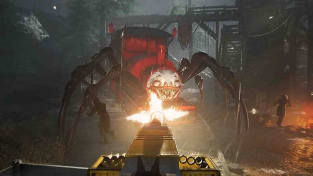 Choo-Choo Charles: Đối đầu kịch tính với con quái vật nhện tàu Charles khủng khiếp! Choo-Choo Charles: Người chơi bắn súng vào quái vật nhện tàu Charles khổng lồ màu đỏ.