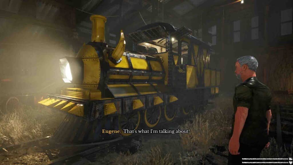 Choo-Choo Charles: Khám phá đầu tàu nâng cấp và gặp gỡ NPC Eugene! Choo-Choo Charles gameplay: Nhân vật Eugene đứng cạnh đầu tàu màu vàng trong nhà kho.