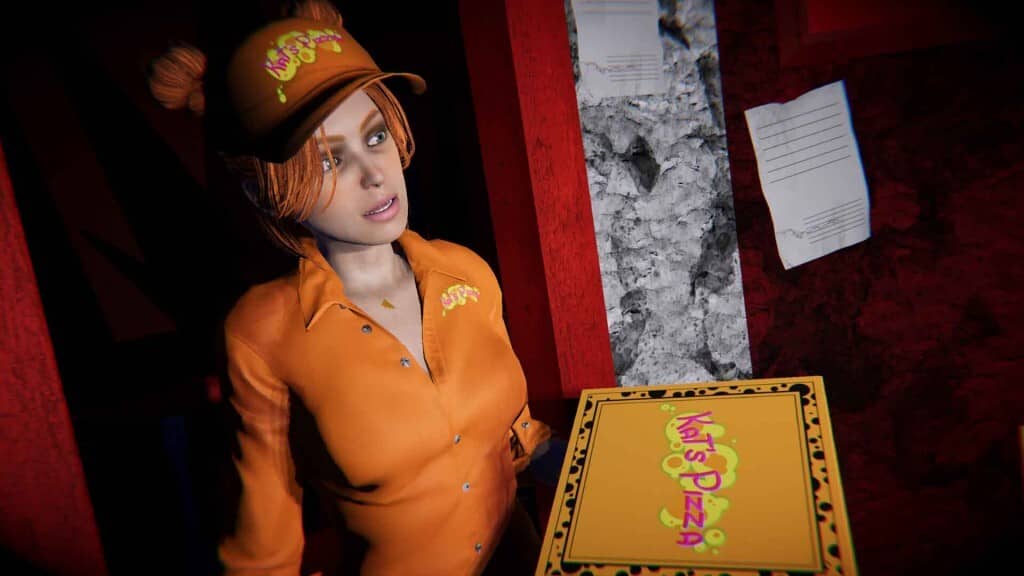 Kat's Pizza - Nữ nhân viên giao hàng và hộp pizza kinh dị trong Clown Is Hungry Nhân vật nữ giao hàng Kat's Pizza trong game kinh dị Clown Is Hungry