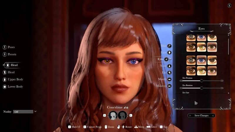 Màn hình tùy chỉnh ngoại hình nhân vật nữ trong game Concubine chi tiết mắt và tóc