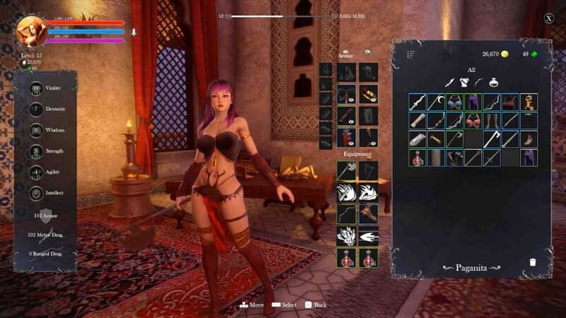 Giao diện trang bị và chỉ số nhân vật nữ Level 13 trong game Concubine với trang phục hở