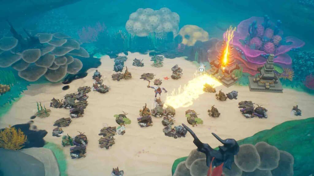 Coral Island gameplay chiến đấu dưới nước dọn rác và phục hồi rặng san hô