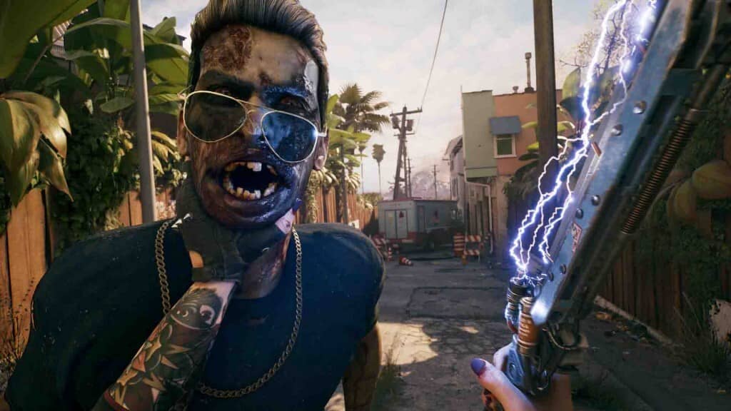 Dead Island 2: Cận cảnh zombie 'Cool Guy' bị hạ gục bằng vũ khí cận chiến có điện Cận cảnh zombie đặc biệt đeo kính râm và dây chuyền (Screamer hoặc Walker đặc biệt) bị tấn công bằng vũ khí điện trong Dead Island 2
