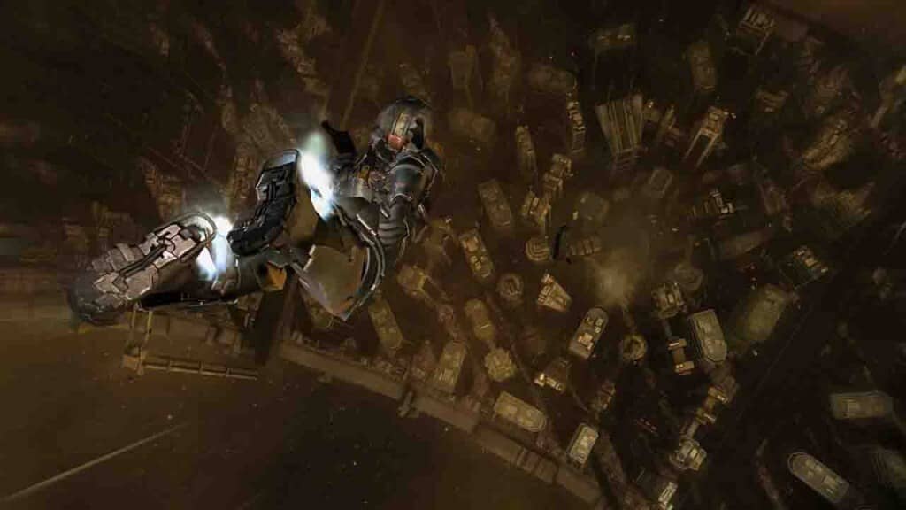 Dead Space 2: Nhân vật Isaac Clarke bay lơ lửng trong không gian không trọng lực với thành phố Sprawl khổng lồ bên dưới.