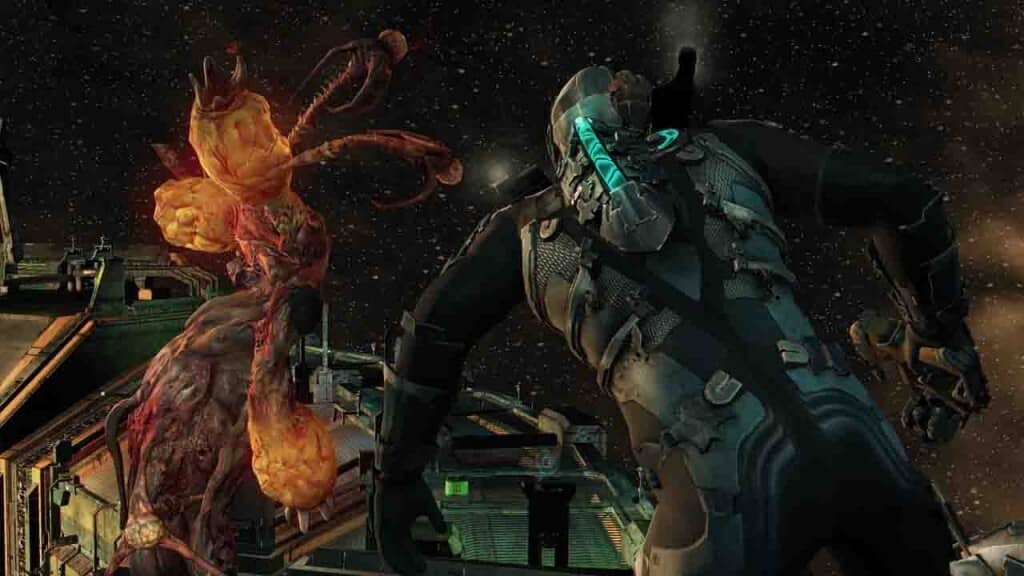 Dead Space 2: Isaac Clarke chiến đấu với Necromorph loại Exploder trên không gian mở của trạm Sprawl, cảnh kinh dị.