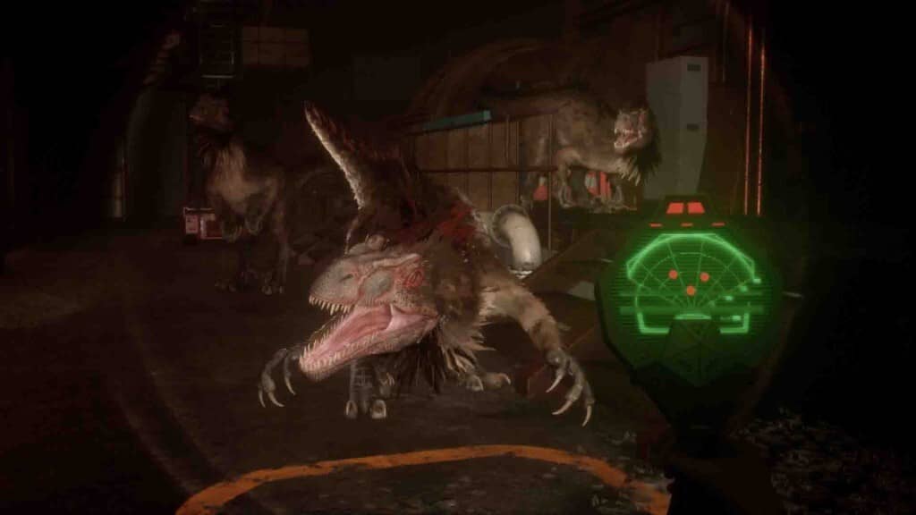 Deathground góc nhìn người chơi radar phát hiện Deinonychus tấn công