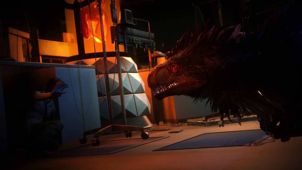 Deathground gameplay khủng long Deinonychus hù dọa nhân vật trong phòng thí nghiệm