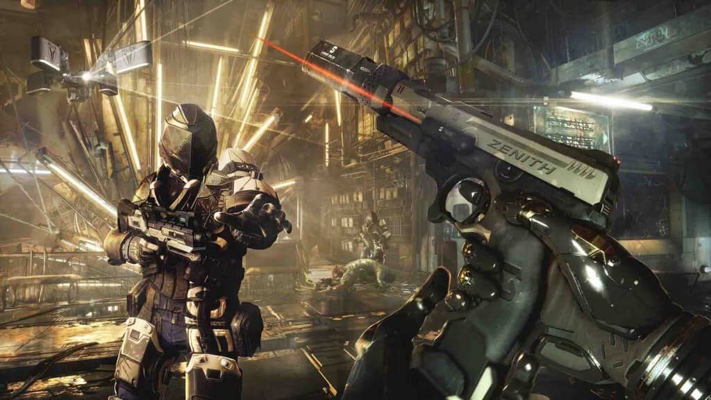 Deus Ex Mankind Divided góc nhìn thứ nhất, cận cảnh súng lục Zenith có laser sight, đối đầu lính cơ giới 