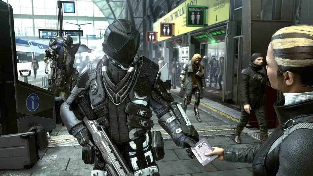  Deus Ex Mankind Divided lính cơ giới cảnh sát bảo vệ ga tàu điện ngầm Prague, kiểm tra giấy tờ của thường dân